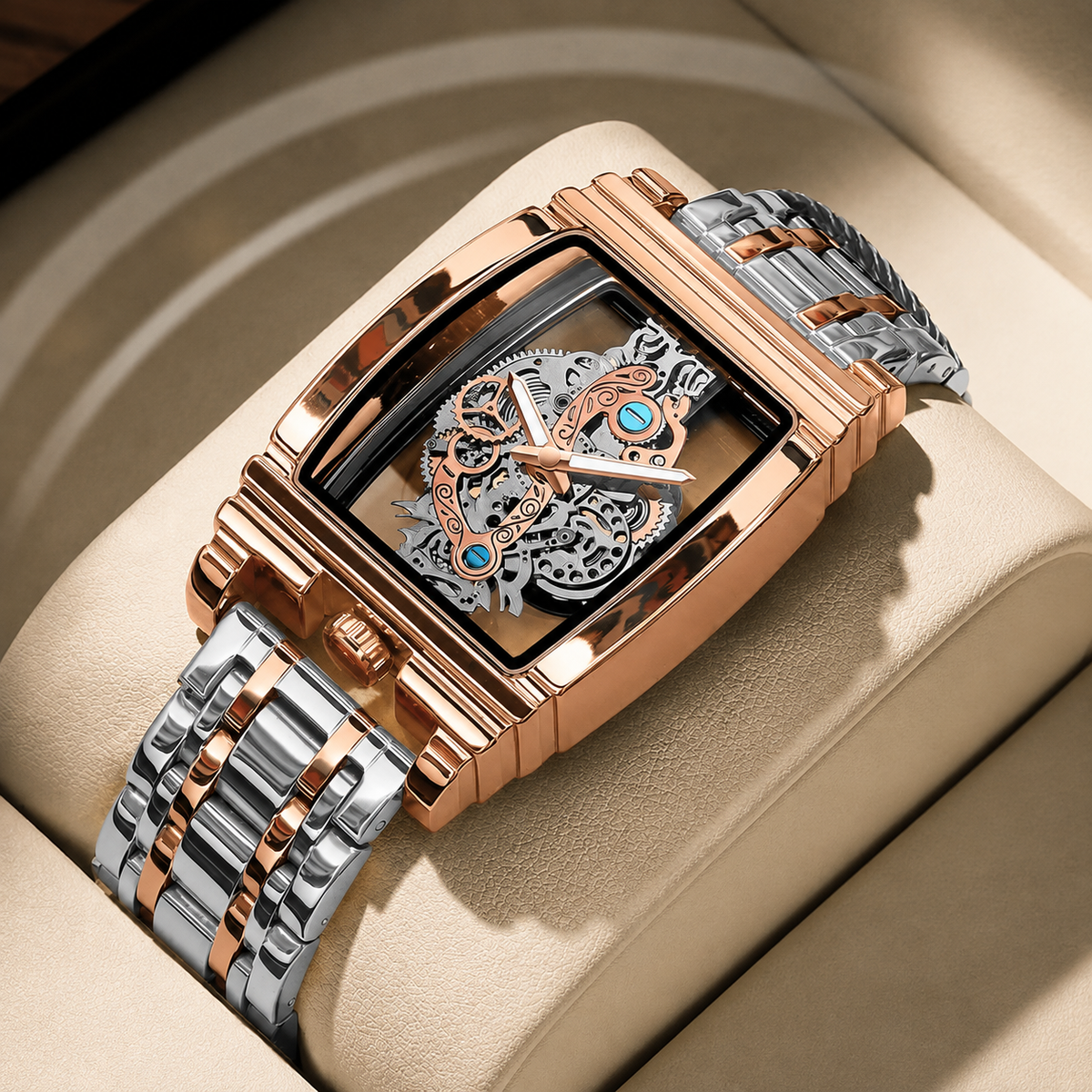 Skeleton Rectangular Watch — Rose Gold & Silver Bracelet