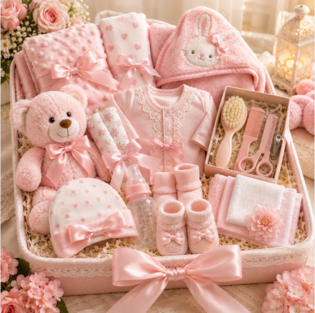 Baby Girl Newborn Gift Set Pink Tray with Teddy Bear and Essentials