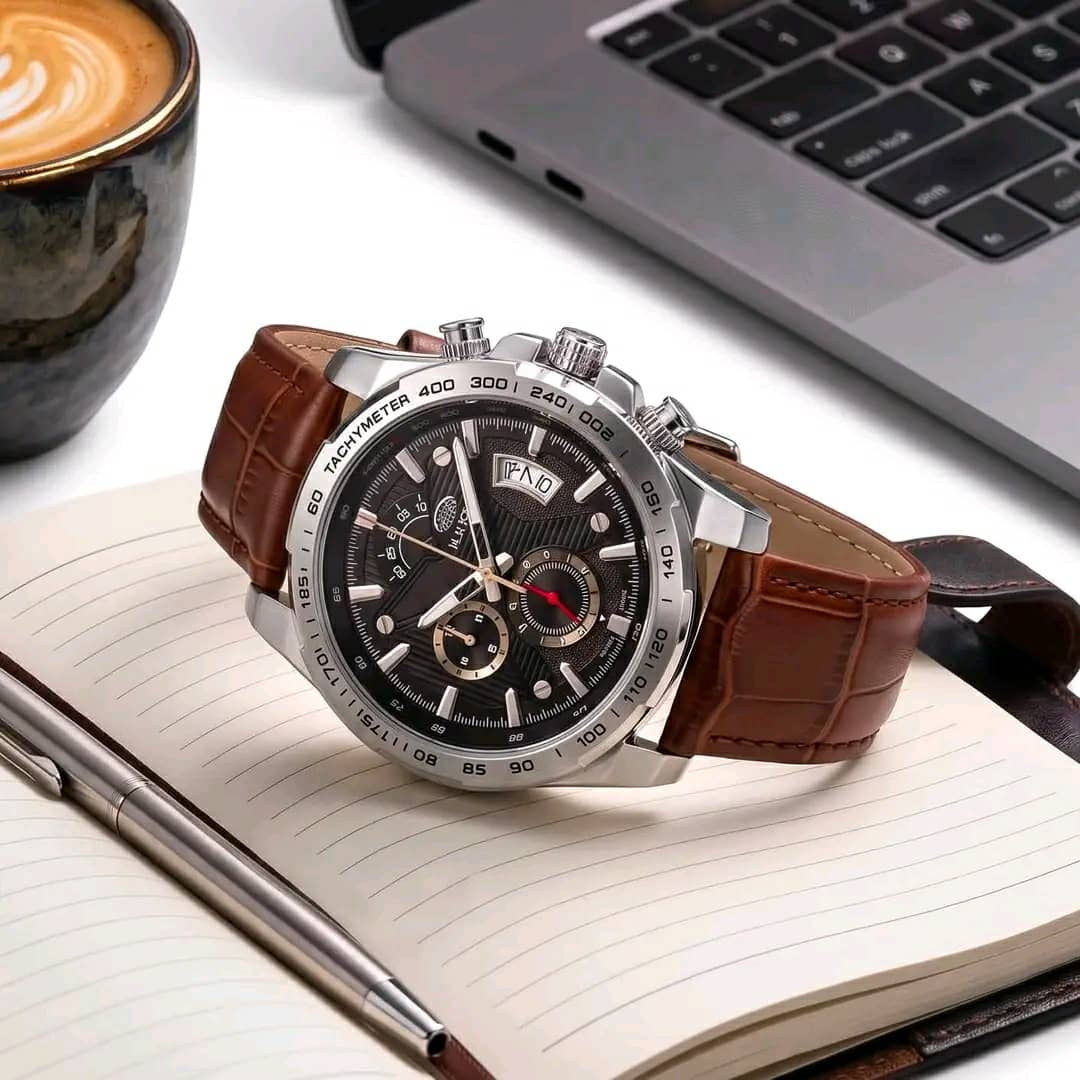 Silver-tone bracelet watch with black dial and bold numeral markers