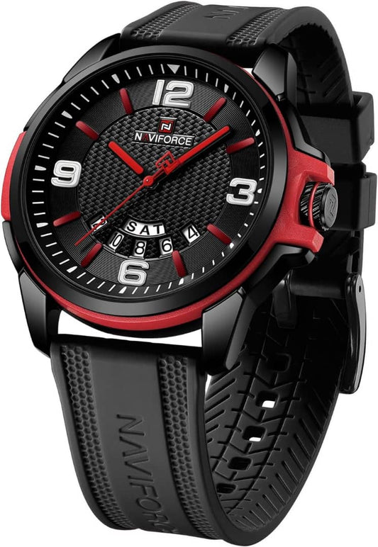 NAVIFORCE Sports Watch Black Red Dial Black Silicone Strap