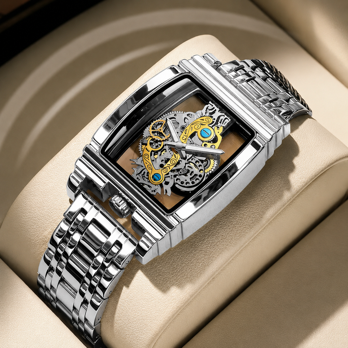 Skeleton Rectangular Watch — Silver Bracelet