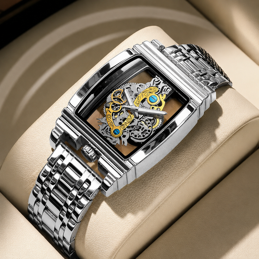 Skeleton Rectangular Watch — Silver Bracelet
