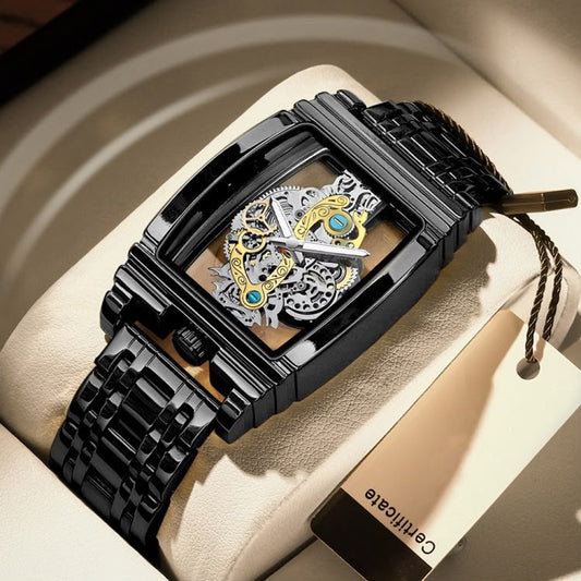 Skeleton Rectangular Watch Black Bracelet