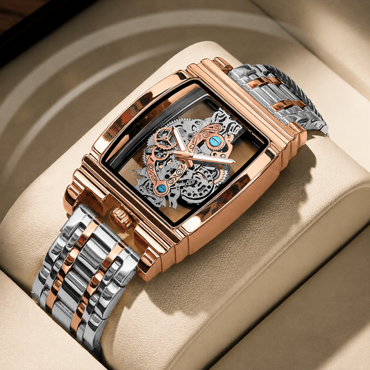Skeleton Rectangular Watch — Rose Gold & Silver Bracelet