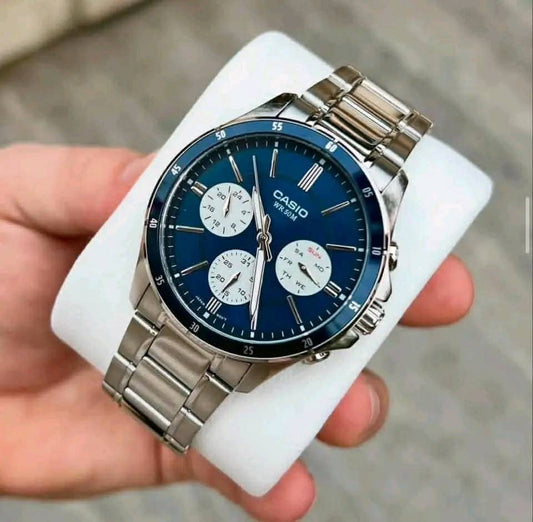 Blue-dial chronograph-style watch with silver-tone case and bracelet