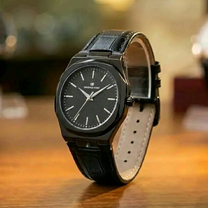 Universe Point Watch Black Dial Black Leather Strap
