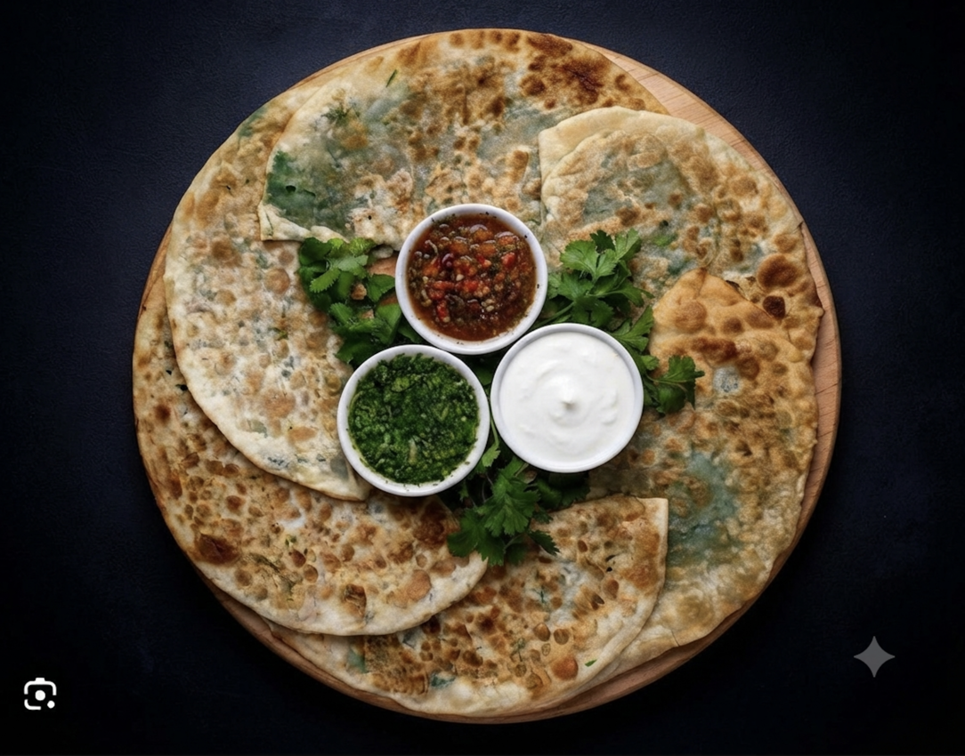 Bolani - Afghan stuffed flatbread with tomato chutney, green chutney and yogurt