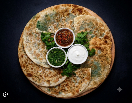 Bolani - Afghan stuffed flatbread with tomato chutney, green chutney and yogurt