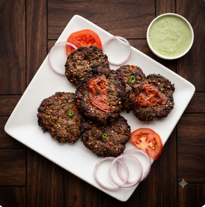 Chapli Kabob - Afghan spiced beef patties with tomato and green chutney