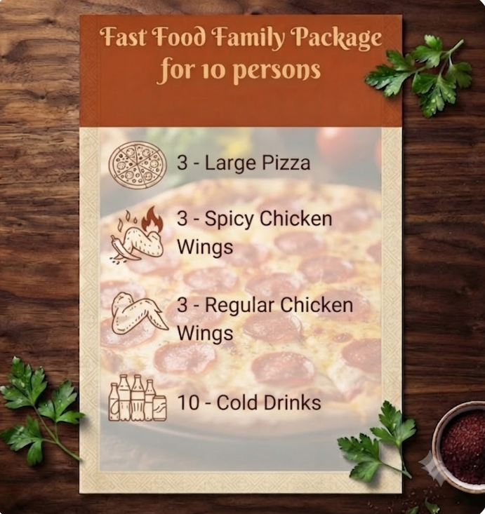 Fast Food Family Package for 10 Persons - Pizza, Wings and Cold Drinks