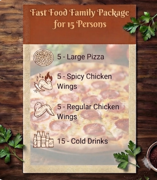 Fast Food Family Package for 15 Persons - Pizza, Wings and Cold Drinks