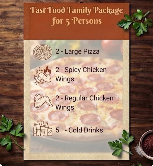Fast Food Family Package for 5 Persons - Pizza, Wings and Cold Drinks