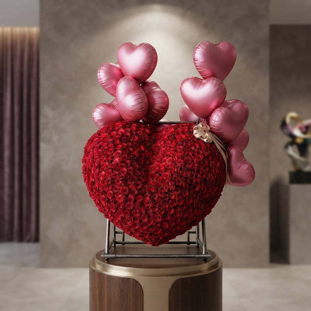 Heart-shaped red rose arrangement with butterfly decoration