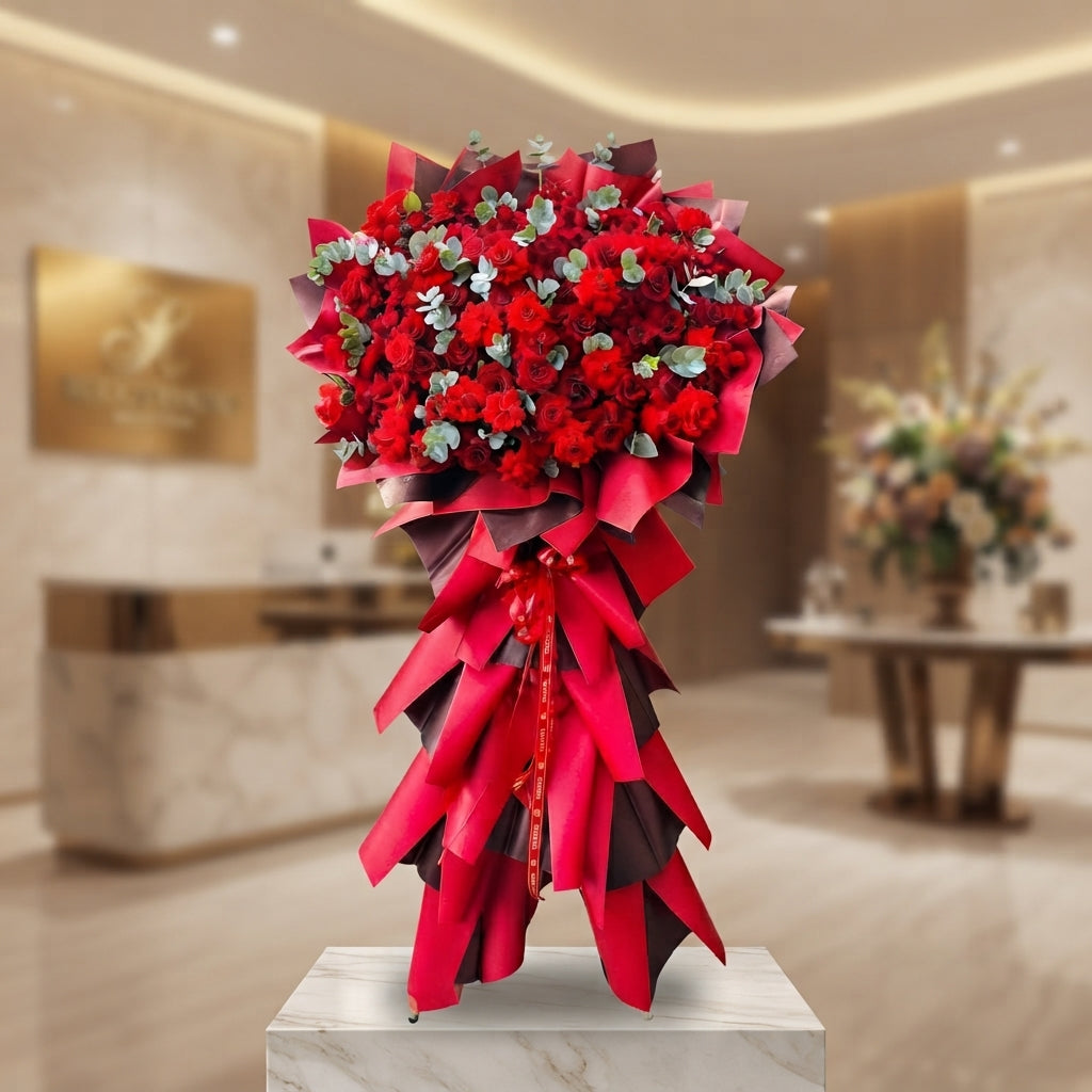 Red rose heart arrangement with black wrapping and ribbon