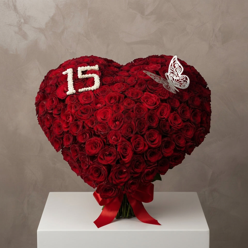 Red and white rose gift box with teddy bear and chocolates