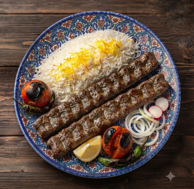 Kobidah Kabob - Afghan ground meat skewers with saffron rice