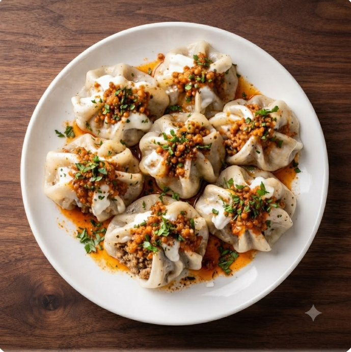 Mantu - Afghan steamed beef dumplings with yogurt and lentil sauce