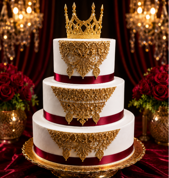Royal Crown Wedding Cake 3-Tier White Gold Burgundy Ribbon