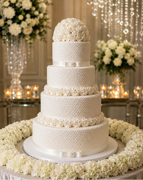 Elegant Pearl White 5-Tier Wedding Cake Rose Topper Hydrangea Base