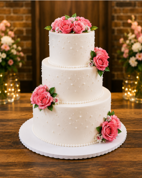 3-Tier White Wedding Cake with Pink Roses Kabul