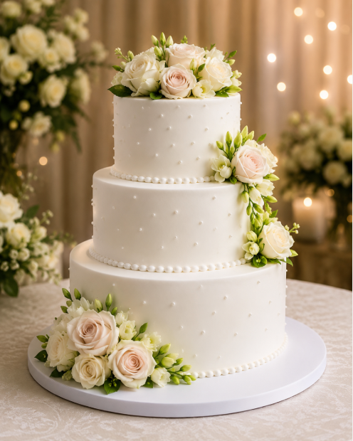 3-Tier White Wedding Cake Blush Roses Freesia Kabul