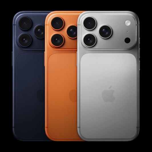 iPhone 17 Pro Max in Silver, Cosmic Orange, and Deep Blue