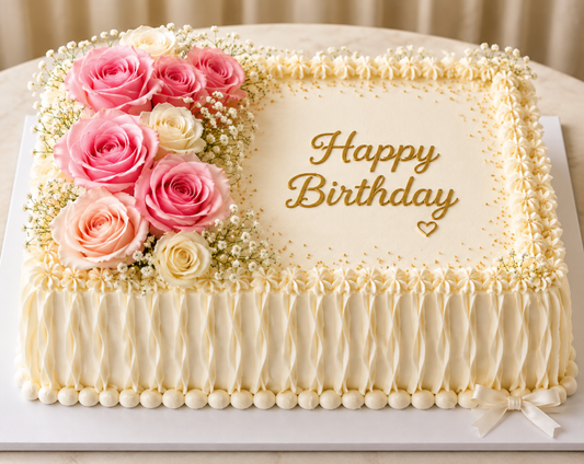 Happy Birthday Sheet Cake Pink Roses Gold Script Kabul