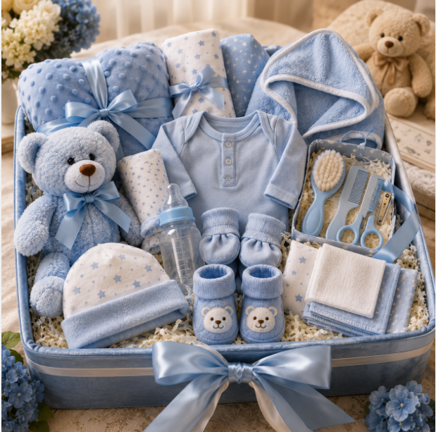 Baby Boy Newborn Gift Set Blue Suitcase with Teddy Bear and Essentials