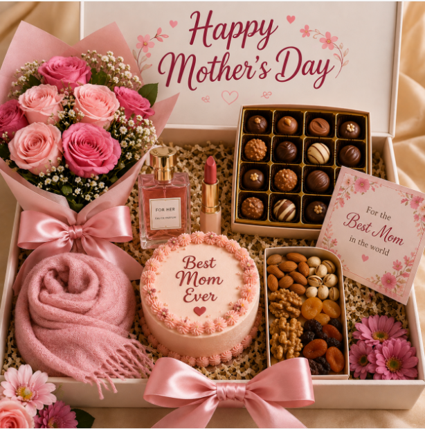 Mother's Day Gift Box with Roses, Perfume, Cake, Chocolates and Dried Fruits