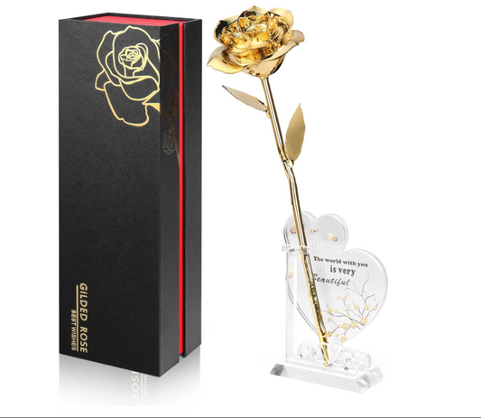 24K Gold Dipped Real Rose with Crystal Heart Stand