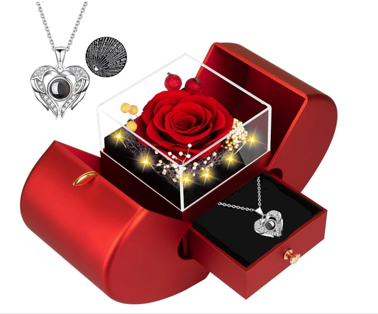 Preserved Rose LED Box with I Love You Projection Necklace