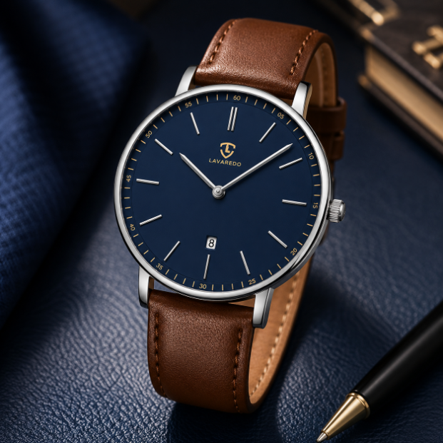 Lavaredo Minimalist Watch Navy Blue Dial Brown Leather Strap