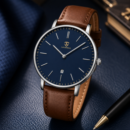 Lavaredo Minimalist Watch Navy Blue Dial Brown Leather Strap