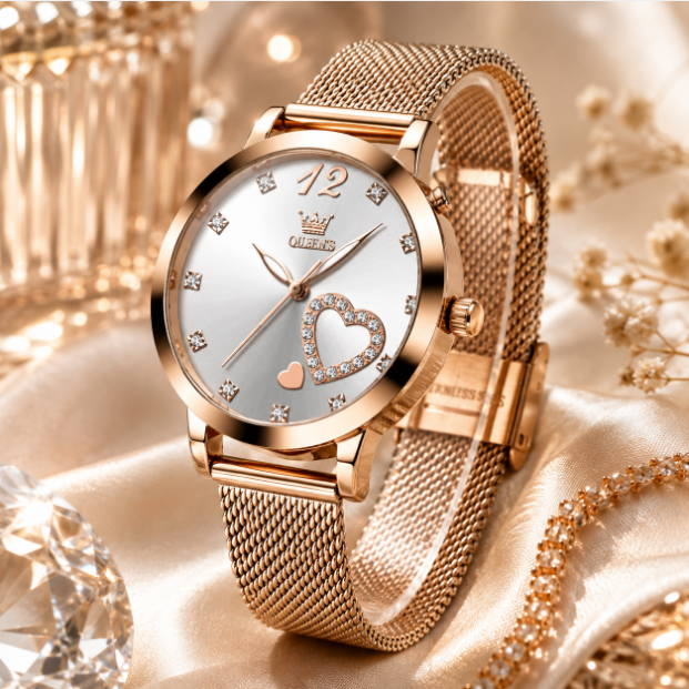 OLEVS Women's Rose Gold Watch Heart Diamond Mesh Bracelet