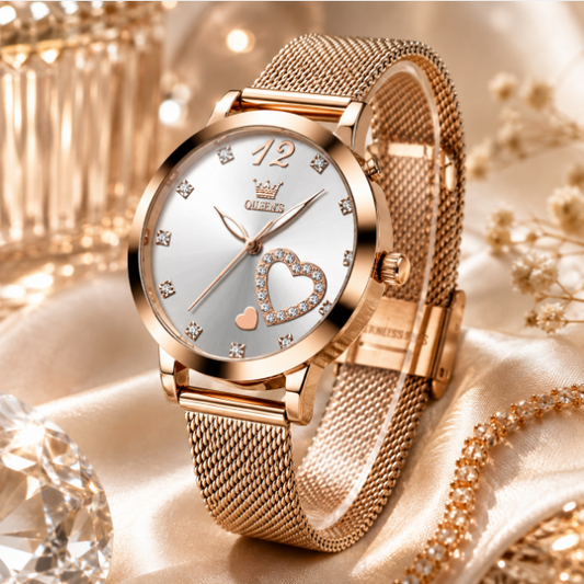 OLEVS Women's Rose Gold Watch Heart Diamond Mesh Bracelet