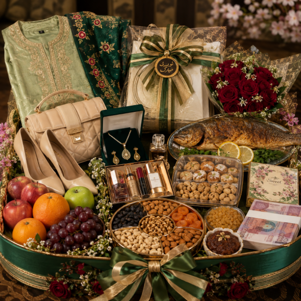 Afghan Nowruz Gift Basket with Traditional Dress, Jewelry, Sweets and Flowers