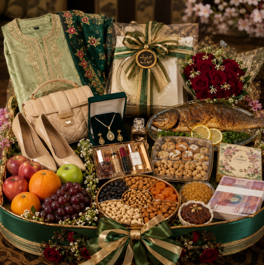 Afghan Nowruz Gift Basket with Traditional Dress, Jewelry, Sweets and Flowers