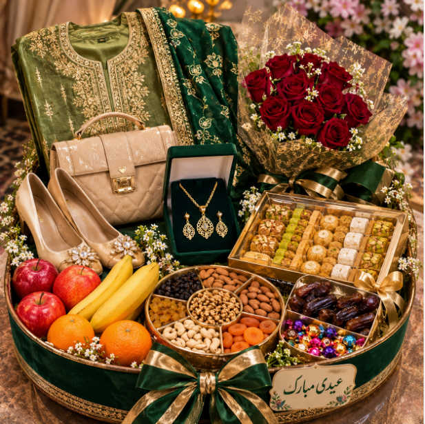 Afghan Eid Gift Basket with Traditional Dress, Gold Jewelry, Sweets and Flowers